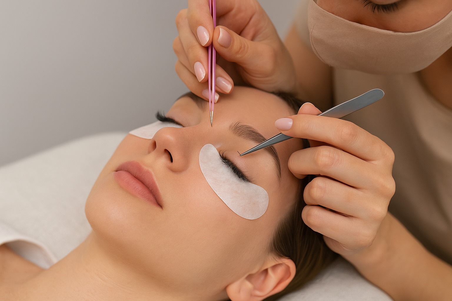 Lash technician applying Russian Volume 3D eyelash extensions at BellaPharma Beauty Salon in Al Barsha, Dubai, near Hessa Street.