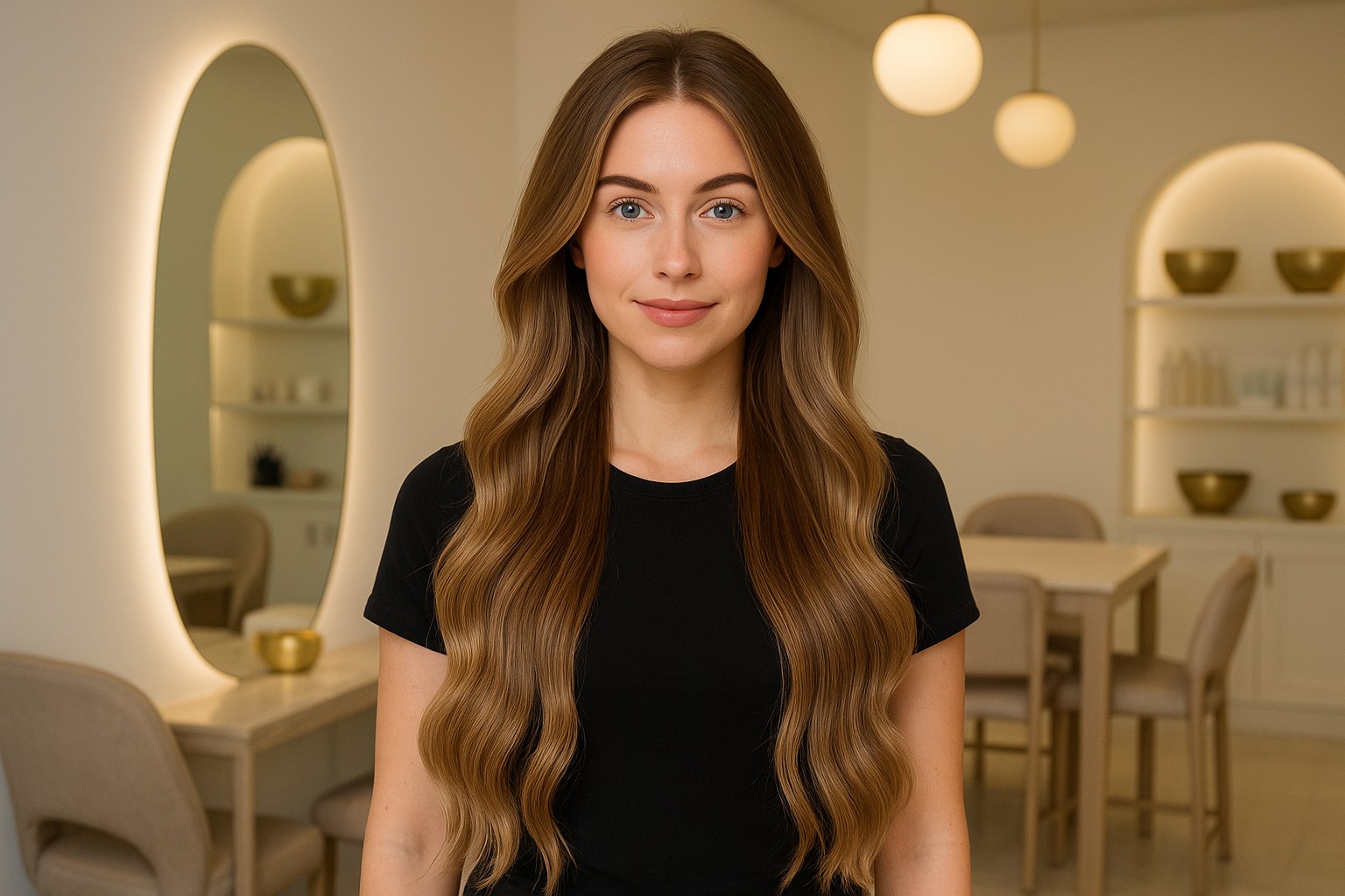 Stylist applying clip-in and tape hair extensions at BellaPharma Beauty Salon in Al Barsha, Dubai, for instant length and volume near Hessa Street.