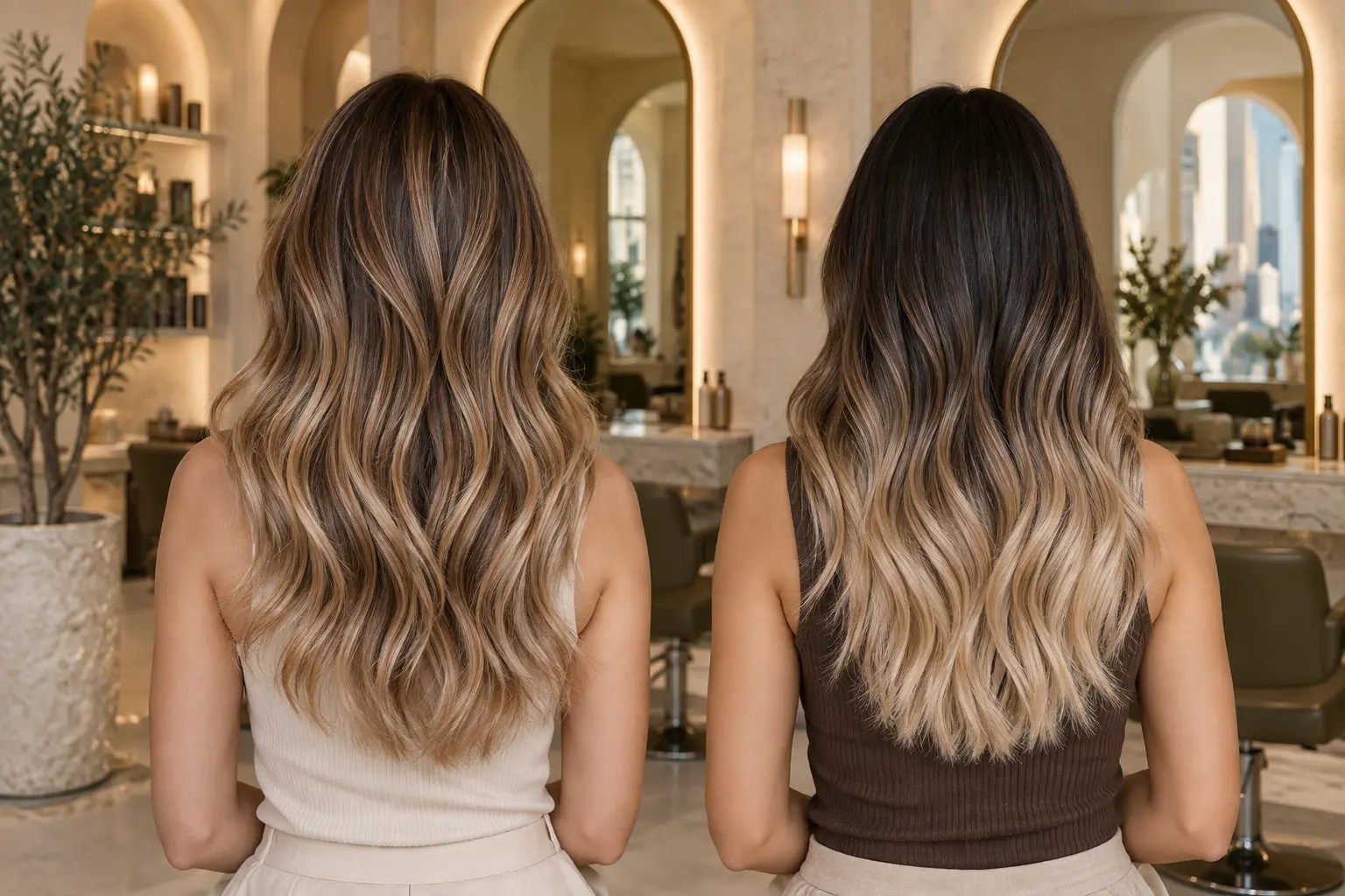 Balayage and ombre finished hair results shown side by side