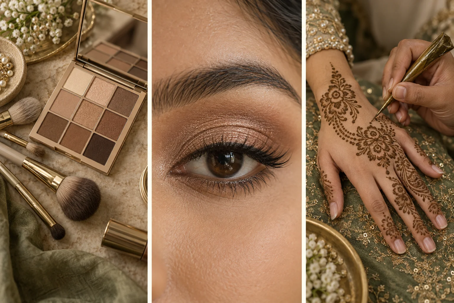 Makeup tools, a soft glam eye and detailed henna application