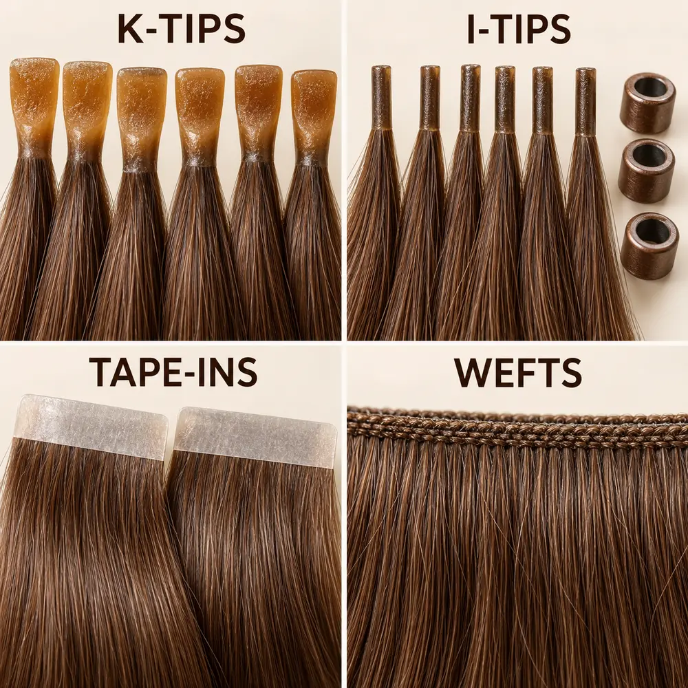 Illustrative comparison of K-tip keratin bonds, I-tip strands with microbeads, tape-in tabs and a weft seam