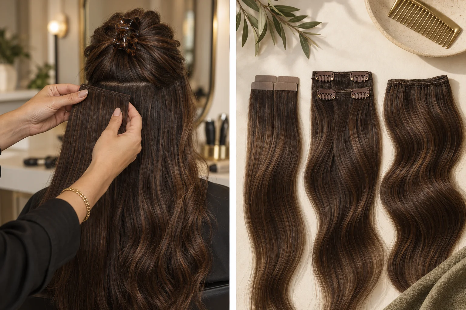 Hair extension shade matching and tape, clip and weft attachment options
