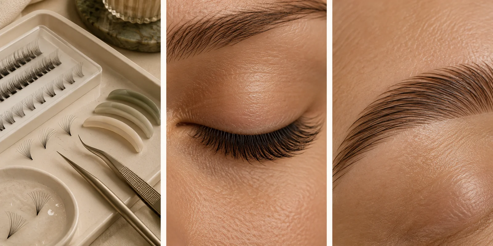 Lash extension tools, a closed-eye lash detail and brow lamination