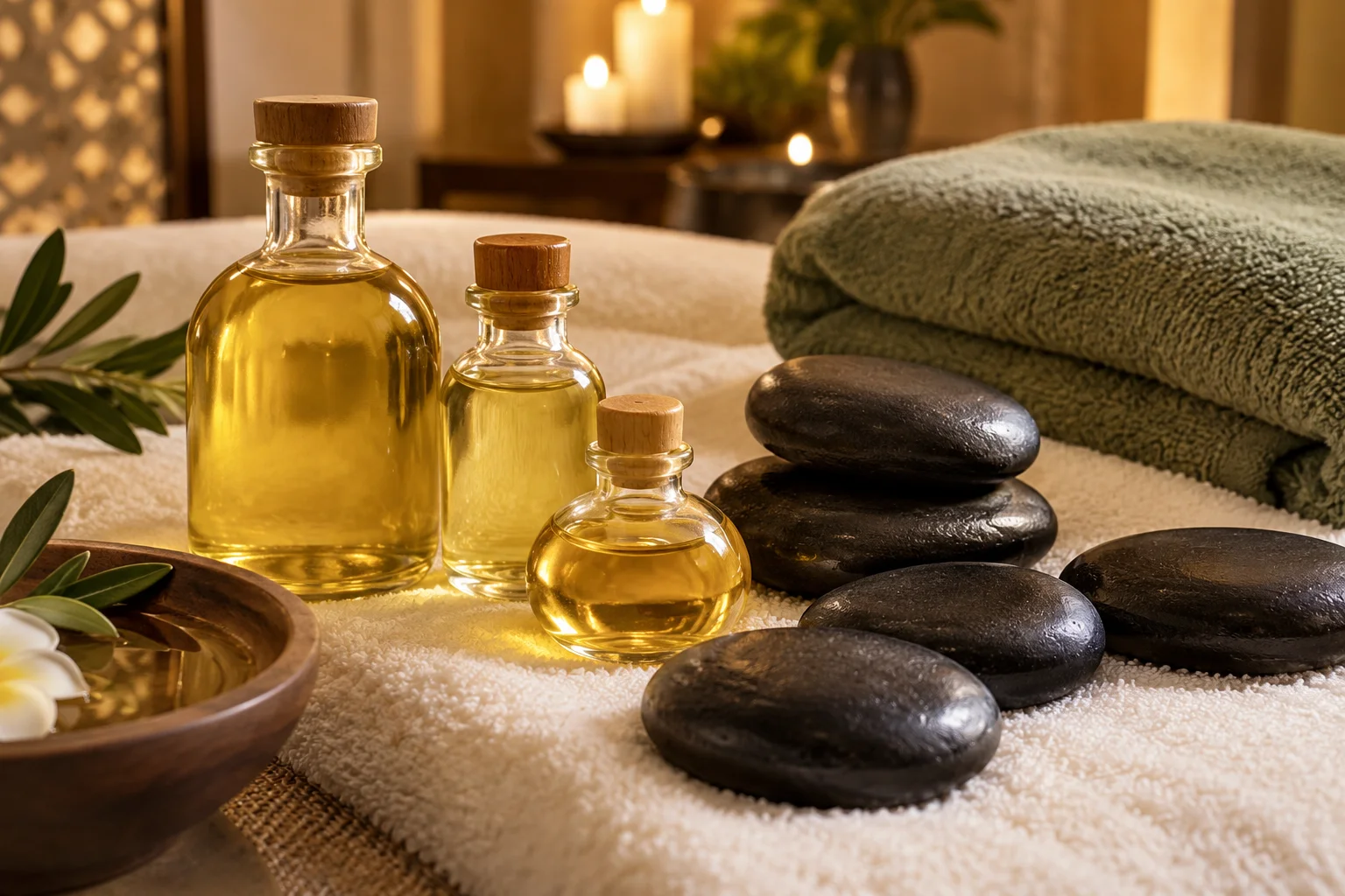 Massage oils and smooth hot stones prepared for a relaxing treatment