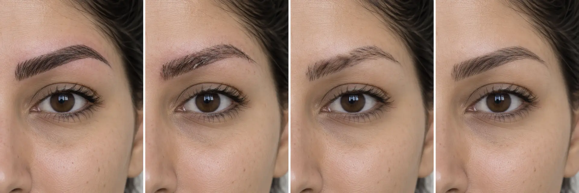 Illustrative microblading healing stages showing fresh pigment, light flaking, temporary fading and the settled result