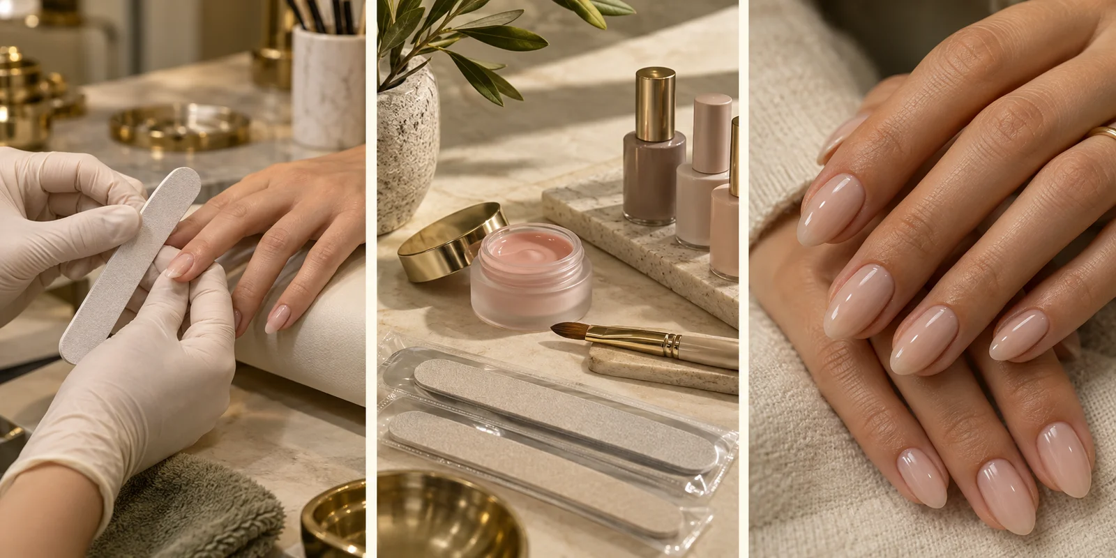 Nail shaping, gel preparation and a nude manicure detail