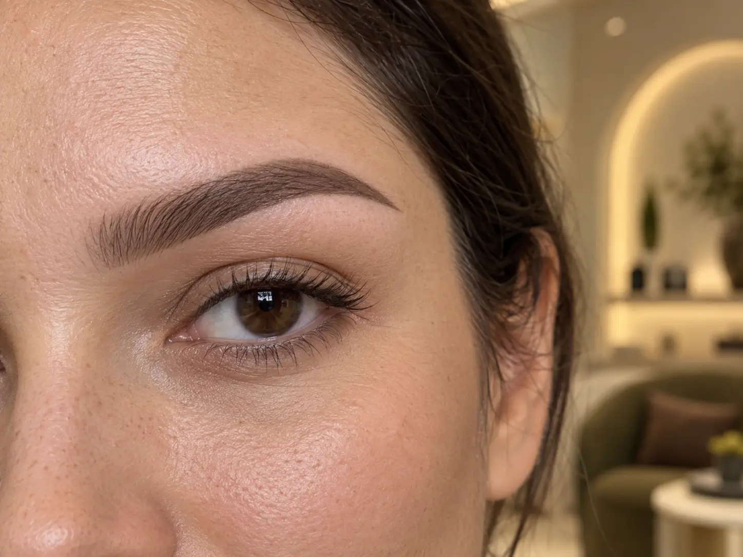 Close-up of healed powder brows with a soft ombre finish