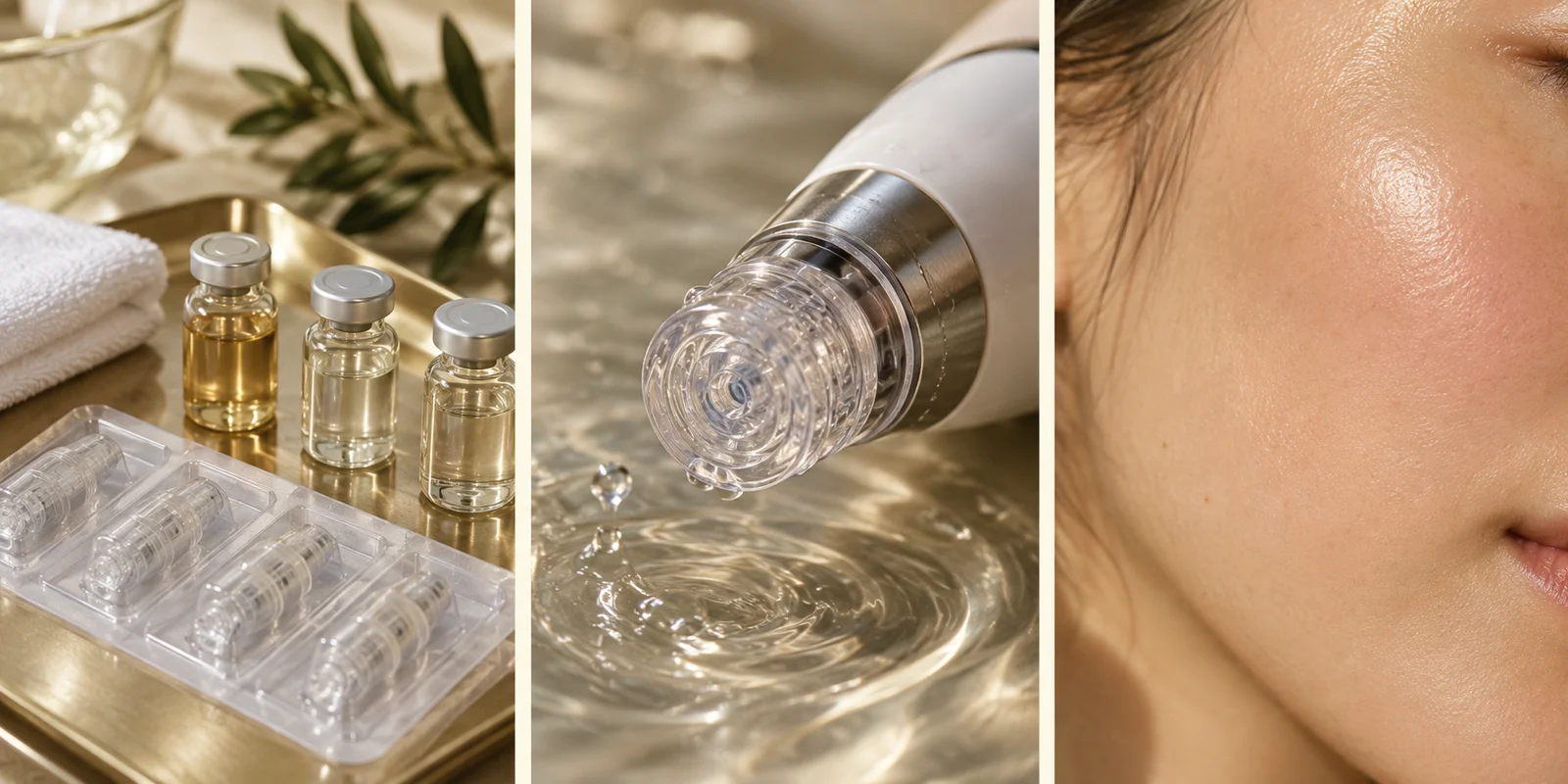 Facial skincare textures, treatment equipment and a close-up of skin