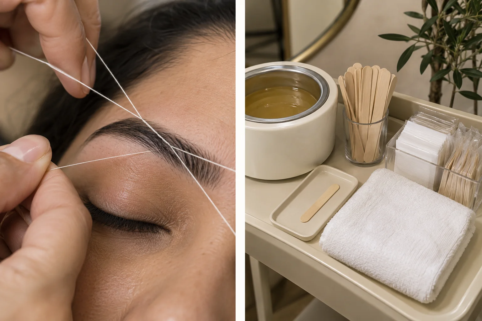 Careful eyebrow threading and a hygienic waxing setup