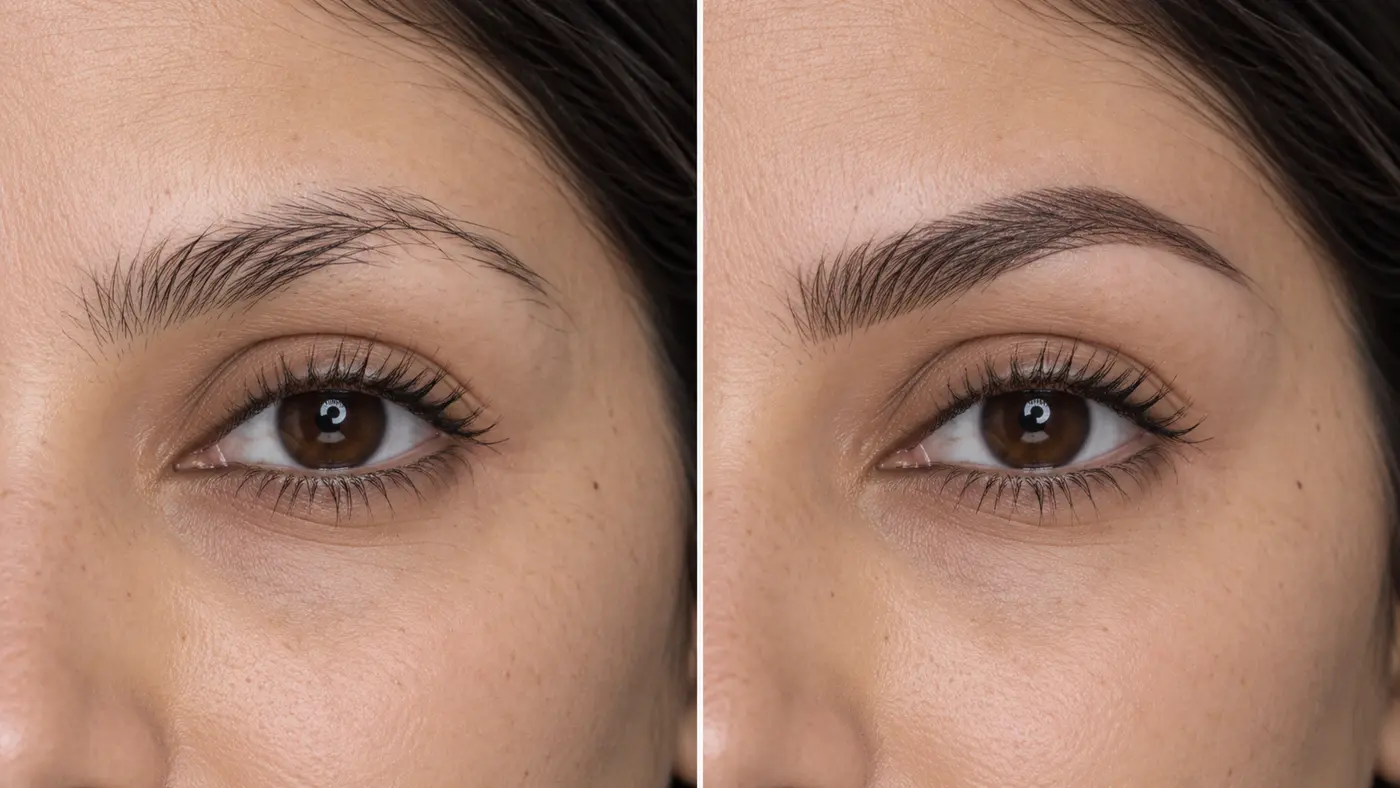 Illustrative before-and-after comparison of natural brows and Combination Brows with strokes and soft shading
