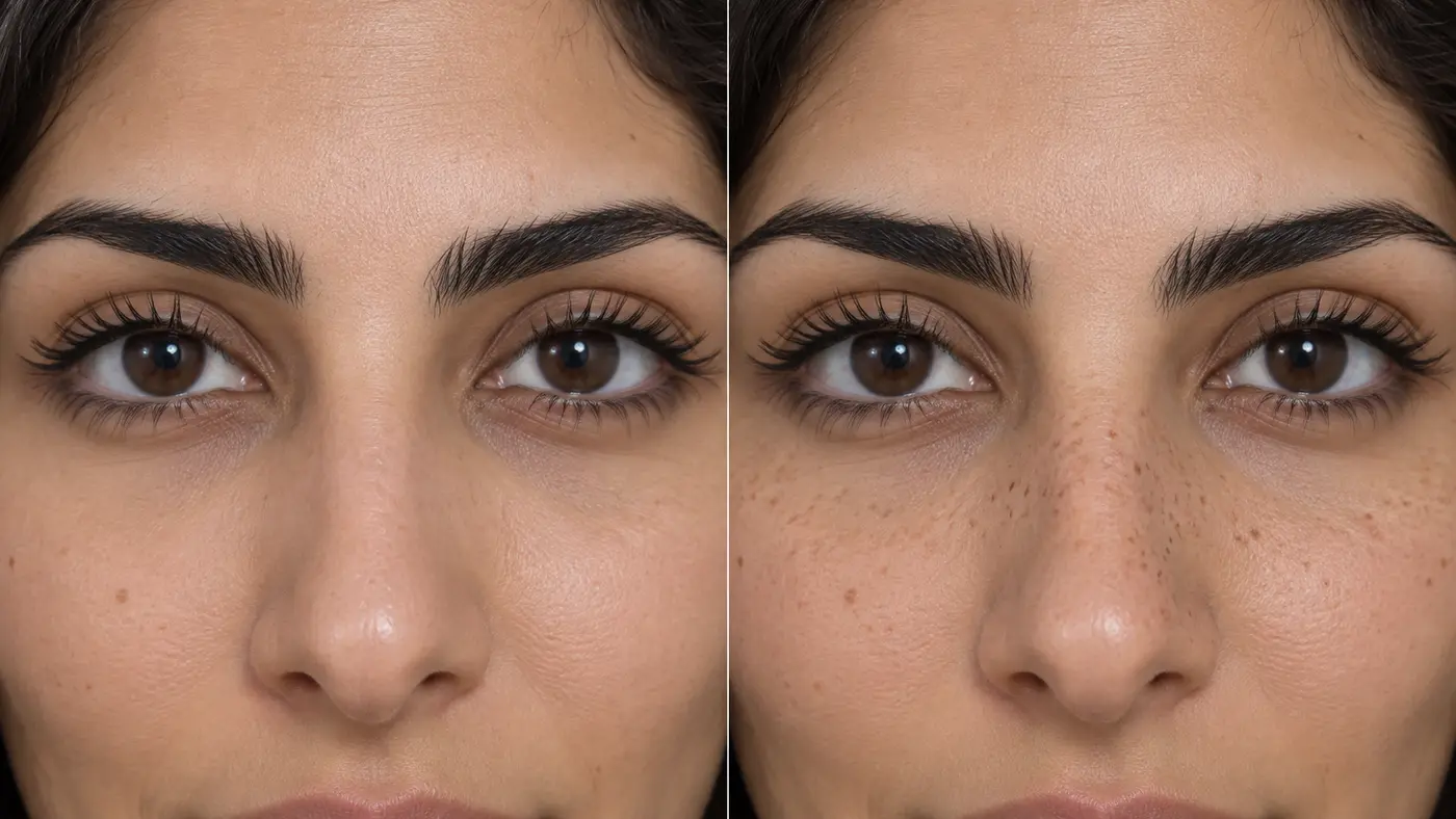 Illustrative before-and-after comparison of natural skin and a softly healed faux-freckle result