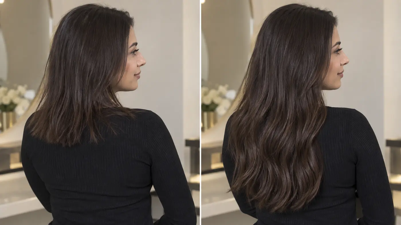 Illustrative before-and-after comparison showing added hair-extension length and fullness
