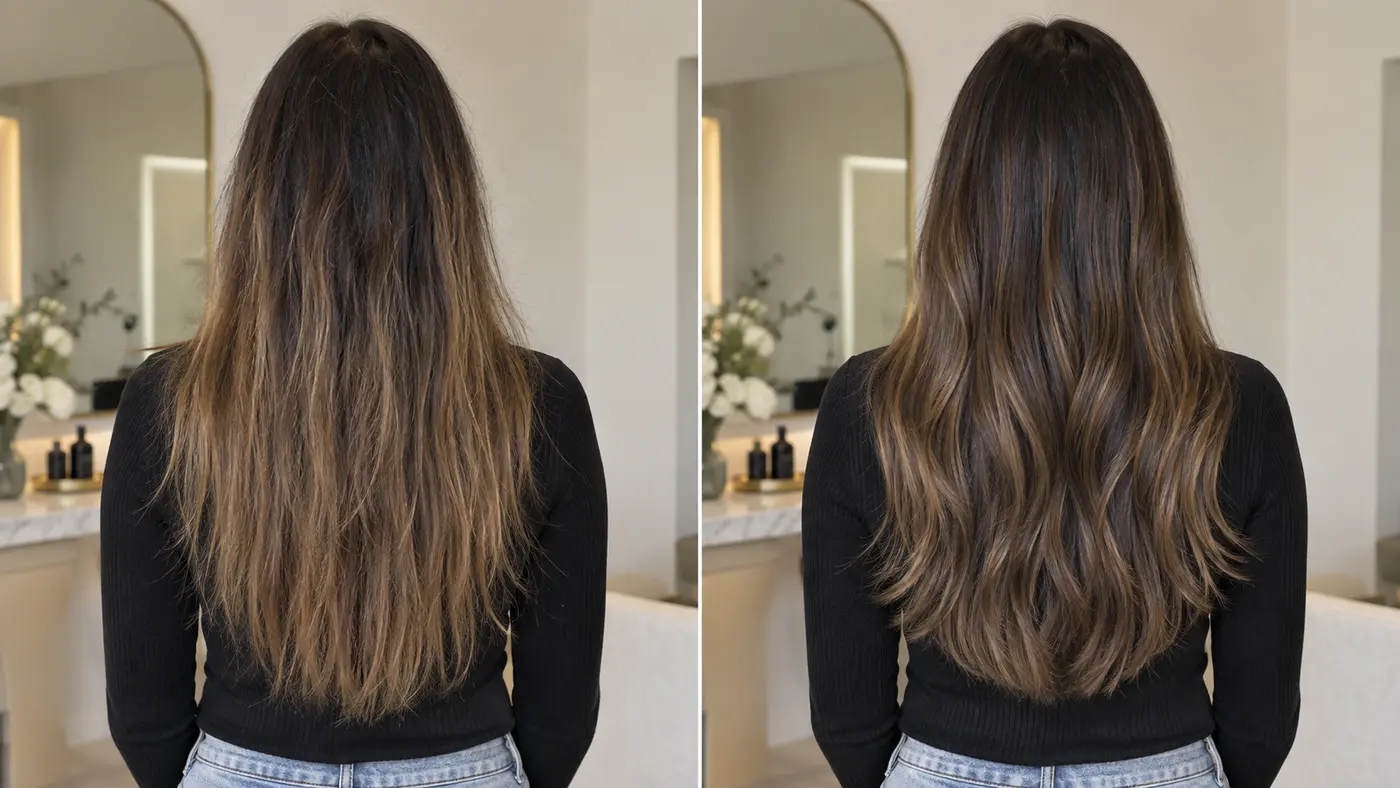 Illustrative before-and-after comparison of a complete hair colour, cut and finish transformation