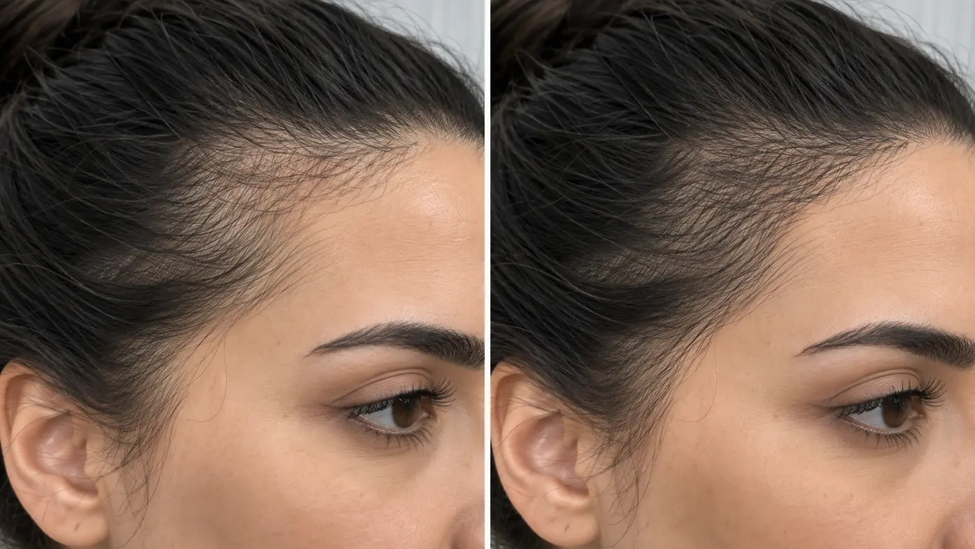 Illustrative before-and-after comparison showing a softly defined female hairline microblading result