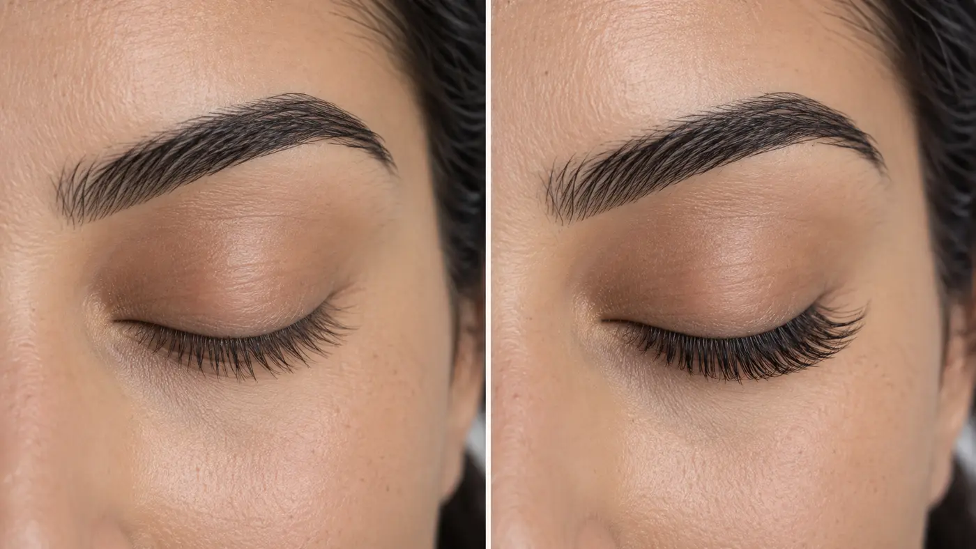 Illustrative before-and-after comparison of natural lashes and a softly fuller lash-extension set