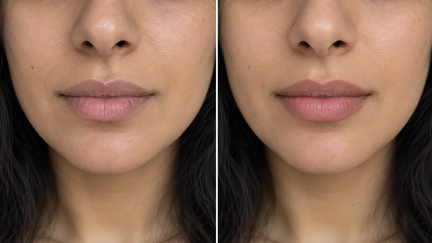 Illustrative before-and-after comparison of natural lips and a softly healed Lip Blush result