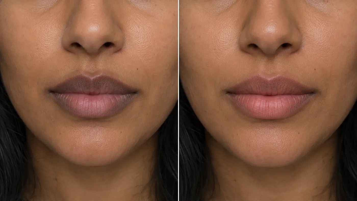 Illustrative before-and-after comparison of naturally darker-toned lips and a more balanced healed Lip Neutralization result