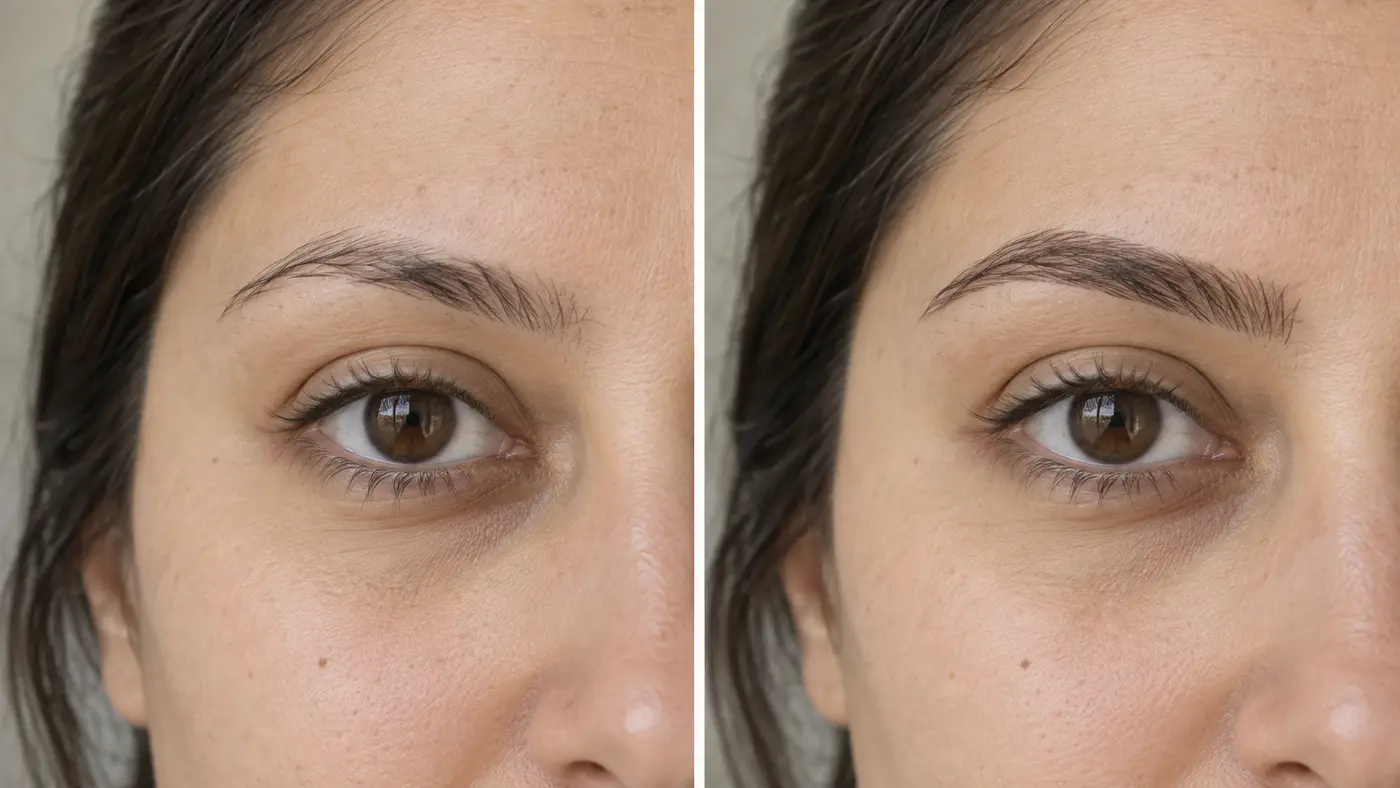 Illustrative before-and-after comparison of natural brows and a softly healed Microblading result