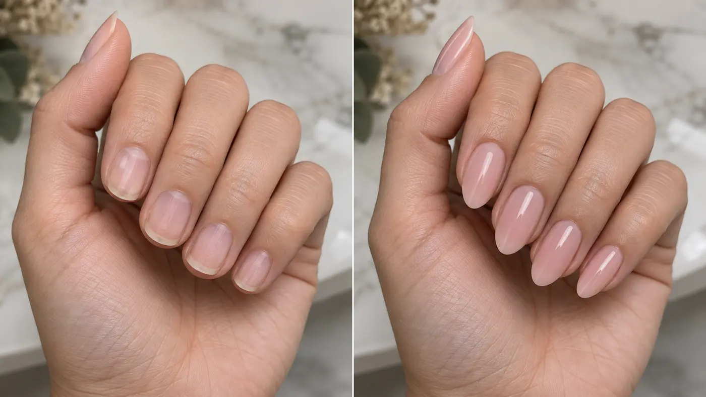 Illustrative before-and-after comparison of natural nails and a refined almond-shaped nail-extension set