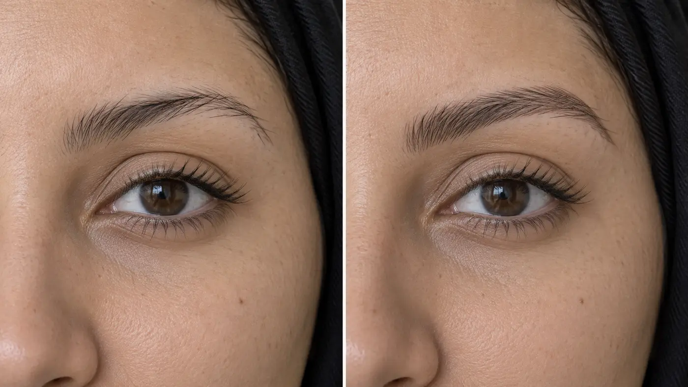 Illustrative before-and-after comparison of natural brows and fine Nano Brows hair strokes
