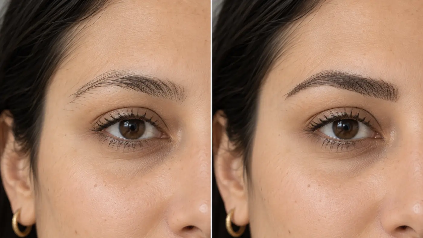 Illustrative before-and-after comparison of natural brows and a softly shaded Powder Brows result