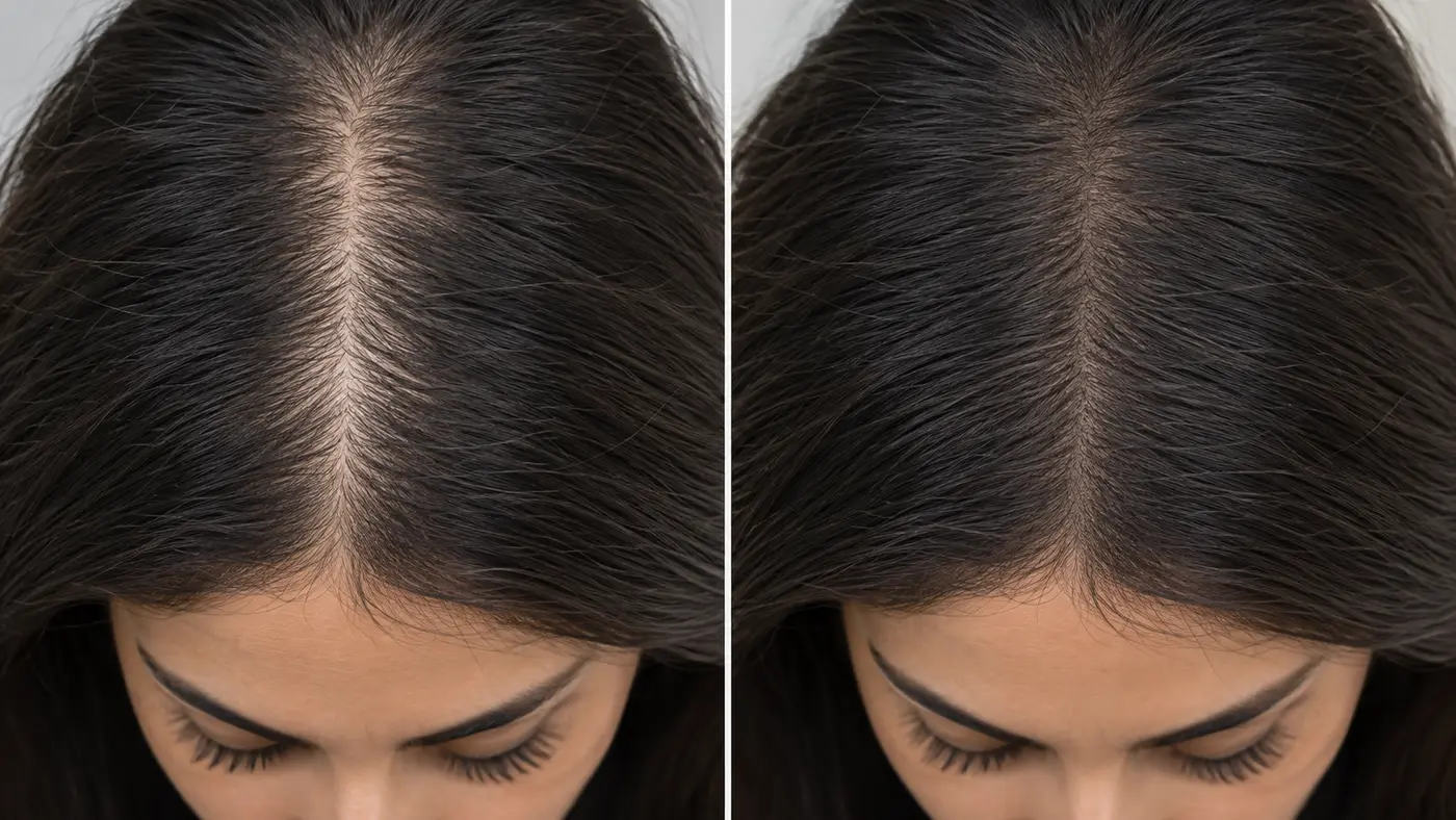 Illustrative before-and-after comparison showing the appearance of fuller scalp coverage after micropigmentation